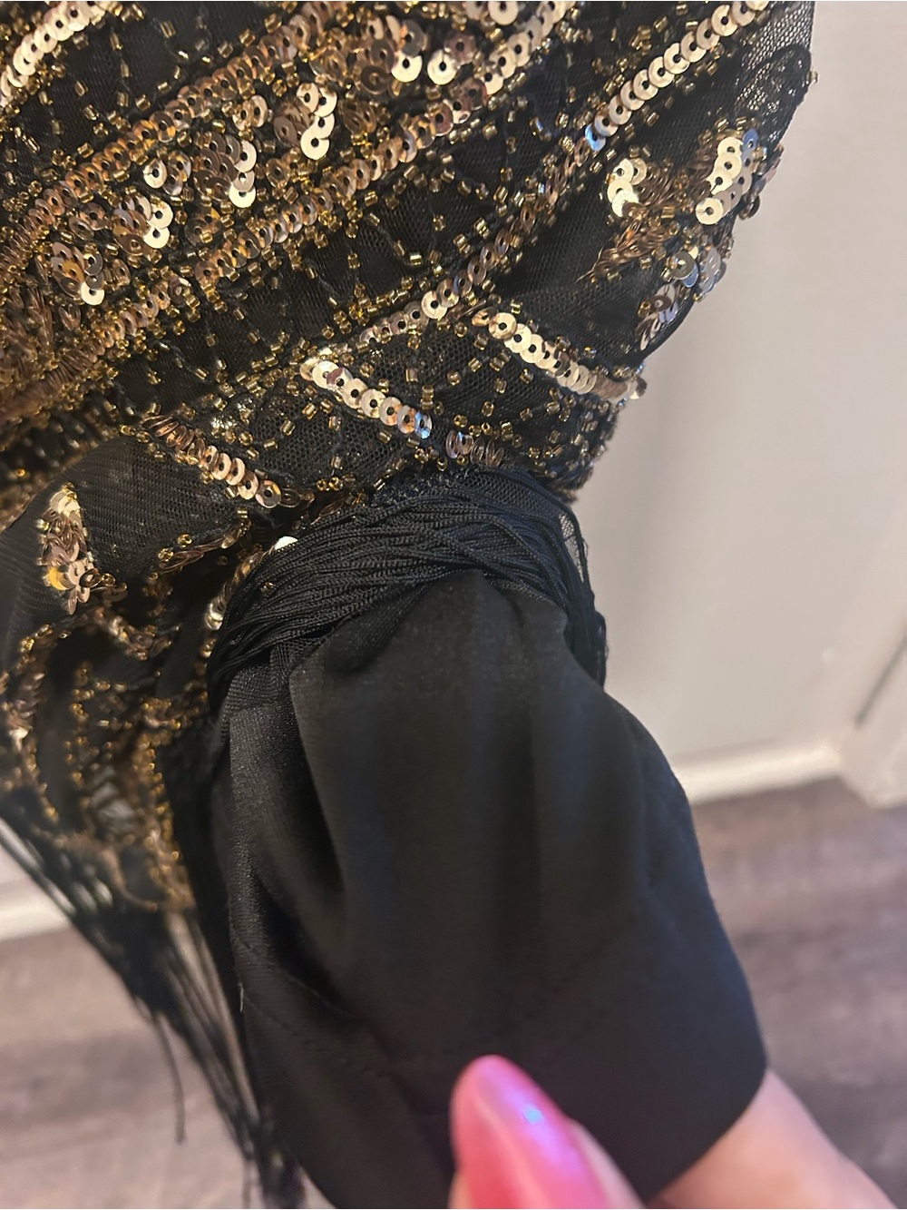 Black Beaded Fringe V-Neck Evening Dress - Picture 4 of 11